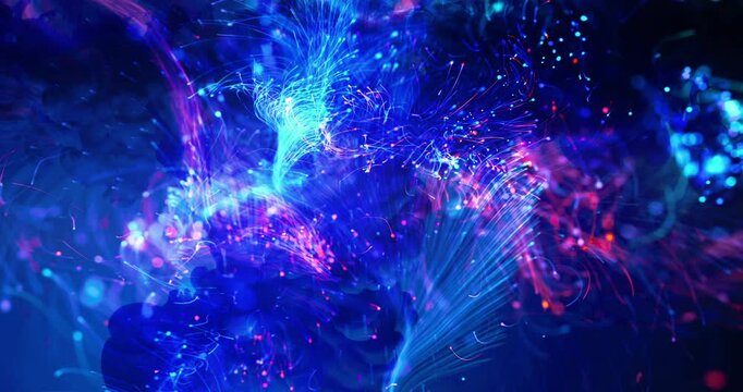 Glowing energy threads and floating particle dust moving across space. 3D Abstract Technology Concept Animation.