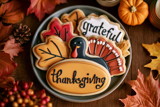 Plate of many Thanksgiving party cookies in different cute shapes and icing colors, turkey,autumn leaves, text grateful with autumnal decor