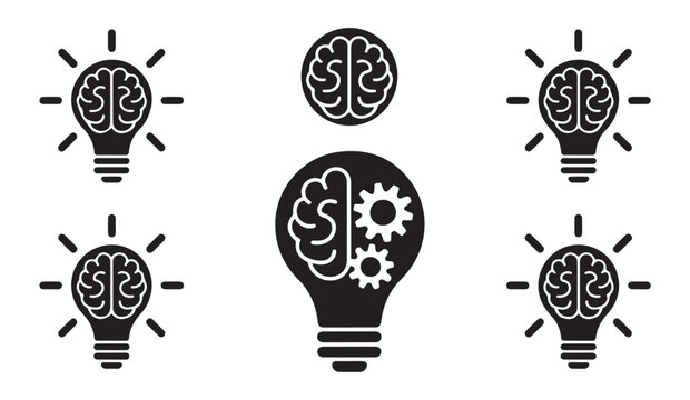 Black and white brain lightbulb icons represent creative thinking innovation and intelligence concepts.