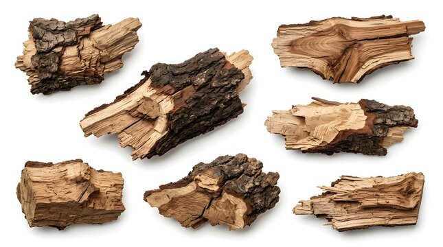 Various broken wood pieces with bark and splintered edges against a white backdrop.