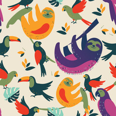 Fototapeta premium Seamless wildlife pattern with sloths hanging from tree branches beside toucans, parrots, and lush tropical leaves in bold flat colors on light background.