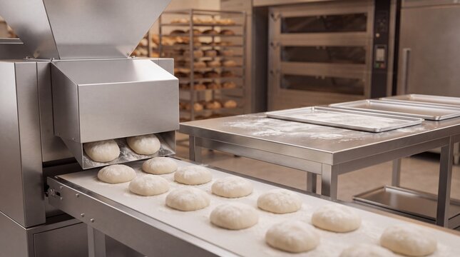 Industrial dough divider machine forming round bread rolls on a conveyor belt inside a commercial bakery