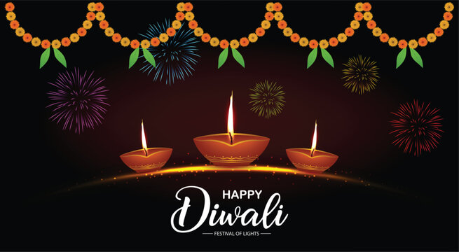 Happy Diwali Festival Celebration with Traditional Diya Fireworks and Decorative Garlands vector poster
