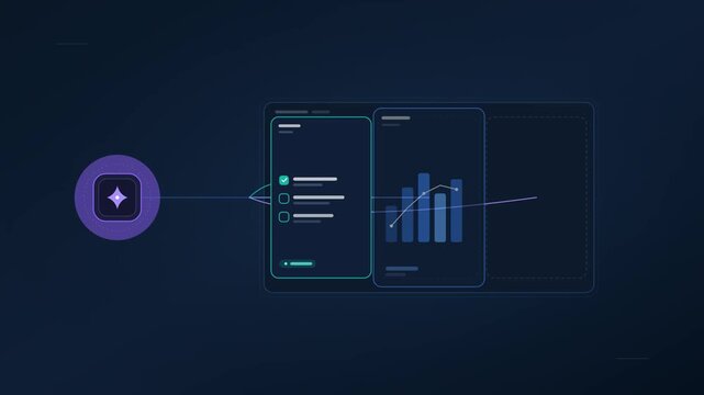 AI Copilot Filling Dashboard Workspace, Animated Widgets Appear, Dark Enterprise UI
