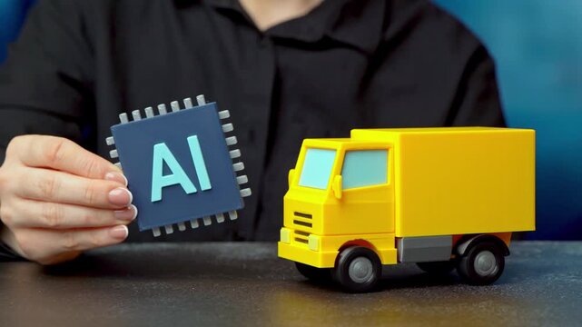 A delivery truck and an AI microchip. Managing business and routes, reducing fuel costs and increasing efficiency. Self-driving trucks of the near future. Smart logistics.