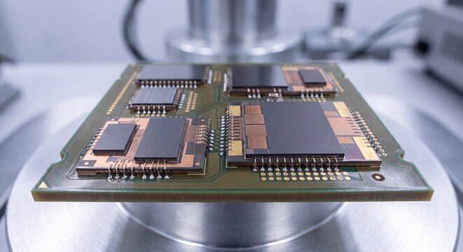 Close-up view of a complex printed circuit board with multiple integrated circuits mounted on a precision metallic testing fixture in a high-tech laboratory environment