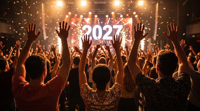 Nightlife countdown entertainment event celebration crowd concert audience. Festive midnight party celebration. happy joy excitement cheer, night crowd gathering confetti