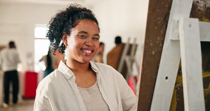 Face, woman and painting in art class with smile, creative talent and workshop for skill development. Happy, person and painter in studio for learning technique, DIY project and positive attitude.