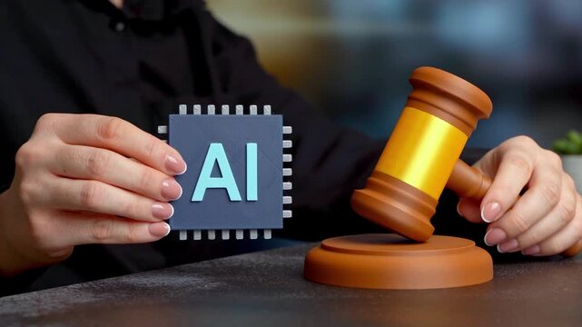 AI chip and a judge's gavel. Legal regulation of the use of AI technologies. AI governance, ethical standards and new legislative frameworks in the tech sector.