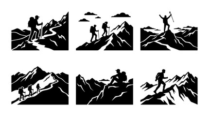 Fototapeta premium Hikers silhouettes set with people climbing mountains and reaching summit for adventure and travel