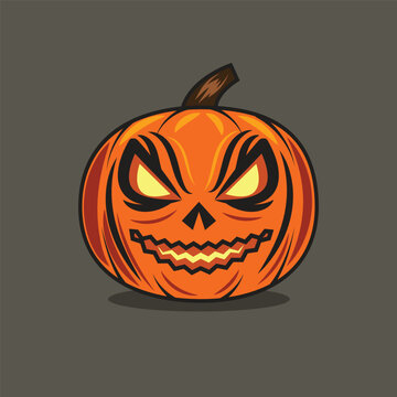 Angry Halloween Jack-o'-Lantern Pumpkin with Glowing Eyes and Evil Grin Vector Illustration