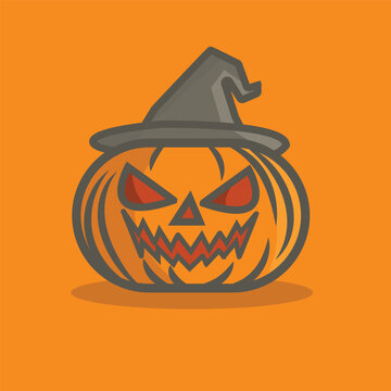 Halloween Jack-o'-Lantern Pumpkin Wearing Witch Hat with Spooky Face Vector Illustration