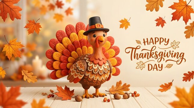 Happy cartoon turkey wearing hat celebrating thanksgiving day with autumn leaves background