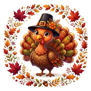 ecorative Thanksgiving Turkey with Autumn Leaves and Pilgrim Hat