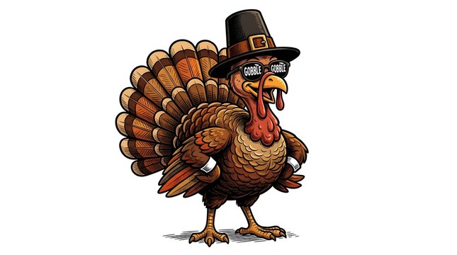 Cartoon turkey wearing a black hat and sunglasses saying gobble gobble