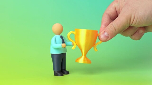 An office worker receives a prize. Recognition of achievements and merits. Highly qualified employee. Success, professional growth, and reward system. Career, business, and leadership content.