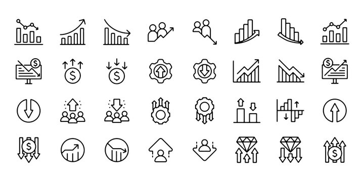 Increase and Decrease Line Icon Set. Growth, Decline, Business Trend and Finance. Vector Illustration.