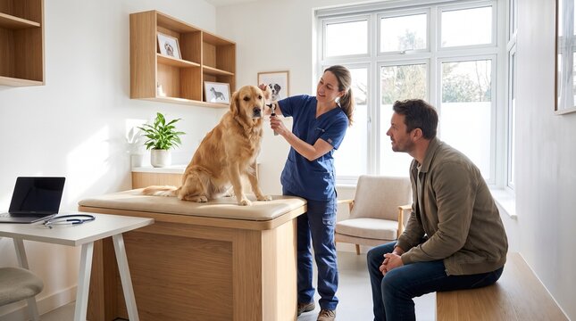 Veterinarian examining a cute golden retriever dog with its owner in a modern veterinary clinic