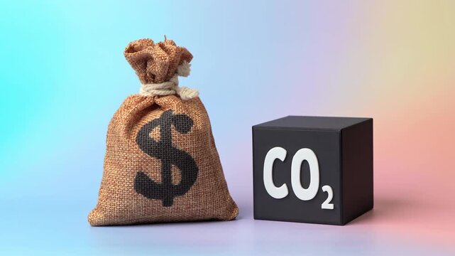 A CO2 cube and a dollar money bag. Recycling grants. Reducing environmental impact while generating income. Increase in the cost of emission quotas for enterprises. Waste recycling