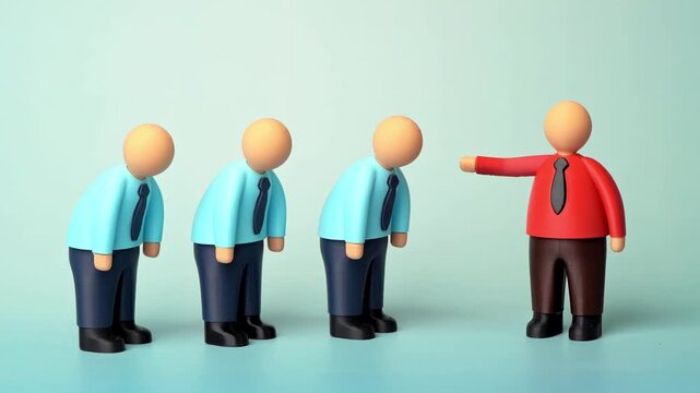 A boss is laying off his subordinates. Job losses and layoffs are occurring at the company. Corporate restructuring, workforce reduction and economic instability in business.