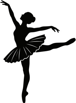 Graceful ballerina silhouette dancing in a classical pose wearing a tutu skirt in an elegant black vector illustration graphic design.