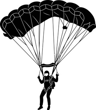 Black and white vector illustration of a skydiver parachuting down with a large parachute canopy in the sky.