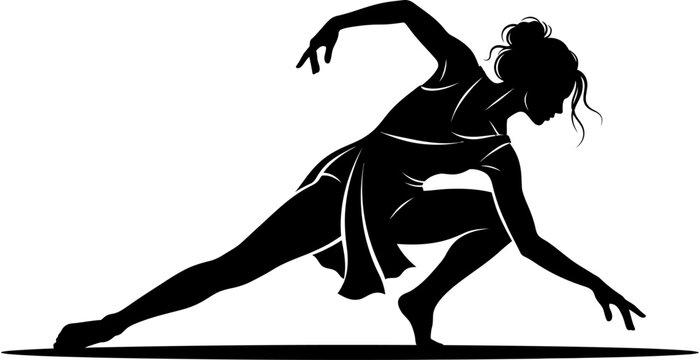 Black silhouette of a graceful female dancer posing dramatically in modern contemporary dance or expressive artistic performance movement.