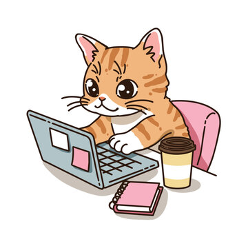 Cute orange cat character working on a laptop with coffee and a notebook, representing remote work, productivity, freelancing, study, and digital lifestyle.