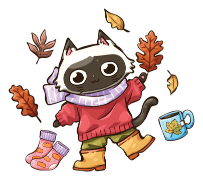 Cute cartoon cat holding an autumn leaf, wearing a cozy red sweater, purple scarf, and orange boots, surrounded by falling leaves, warm seasonal decor, and a mug.