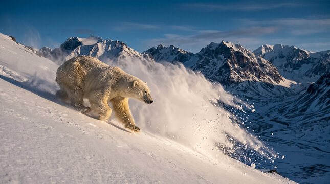Polar Bear Running Down Snow Covered Mountain Slope