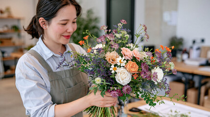 Fototapeta premium Wedding florist in an industrial studio diagnosing asymmetry in a bridal bouquet arrangement under artificial rigging lights comparing dried trial version against a fresh build in a before and after