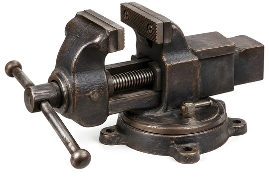 Black bench vise with handle for metalworking