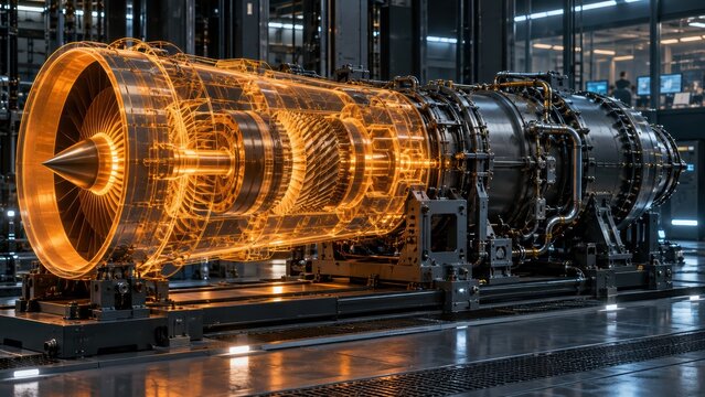 Futuristic Jet Engine: A hyper-realistic 3D render of a jet engine, glowing with intense orange energy and intricate details, showcasing advanced aerospace technology and engineering marvel.