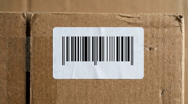 Barcode label macro shot on a shipping box flap, shipping carton handling and package logistics concept