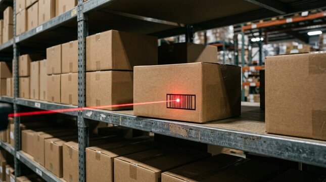 Barcode reader beam aimed at a carton on a shelf, shipping carton handling and package logistics concept