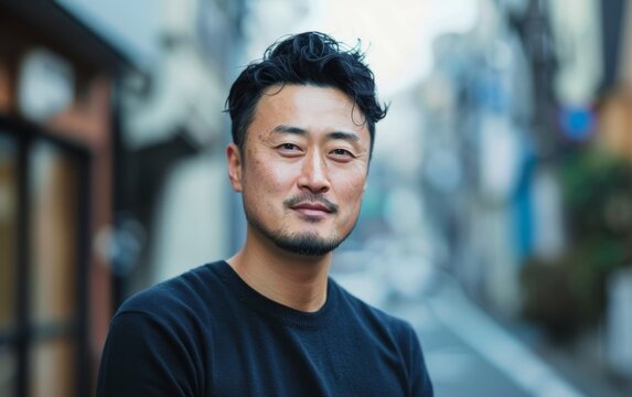 Brooding Asian Man in Cityscape