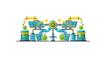 Fototapeta premium Flat Vector Illustration of Renewable Energy Facility with Solar Panels and Biofuel Production