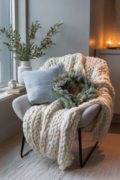 Chunky knit throw on armchair with frosted wreath and eucalyptus vase for christmas cozy corner background and holiday home decor