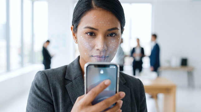 Businesswoman using facial recognition biometric security scan on a smartphone for identity verification in a modern corporate office
