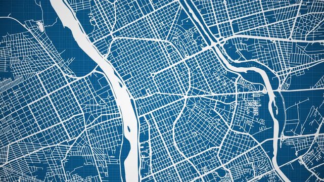 Ink reveal animation of Teresina city, Piau&iacute;, Brasil (Brazil) grid map. Aerial top view. Blueprint style. White lines with blue background. 4K Seamless loop.
