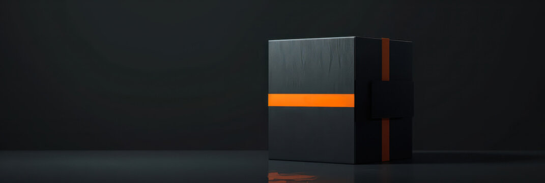 Black cube package with orange stripe on reflective surface for e-commerce packaging background and product banner
