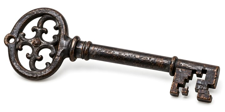 Old-fashioned ornate skeleton key on white background
