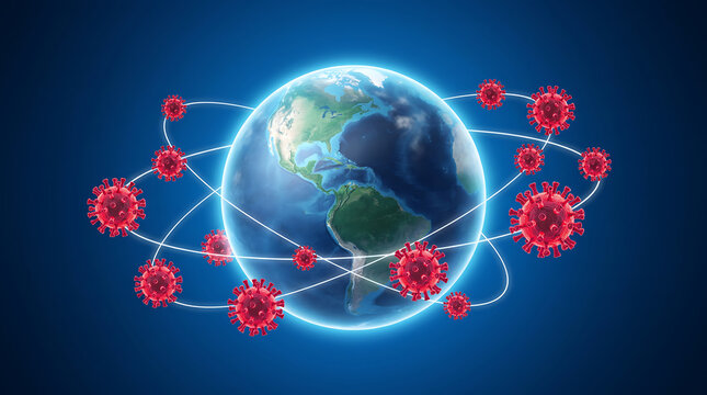 Global pandemic concept with red virus cells orbiting planet earth on blue background