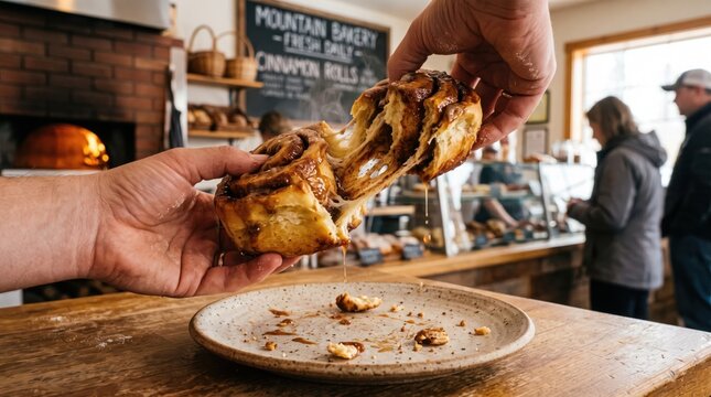 Hand pulling apart a cinnamon roll at a bakery while people enjoy pastries in the background