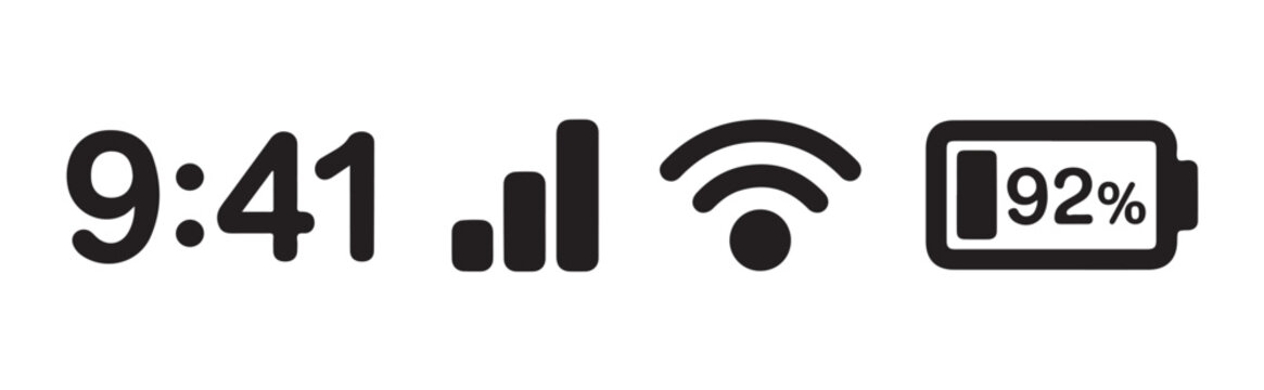 Digital status bar elements containing time wifi signal strength and battery charge level percentage icon.