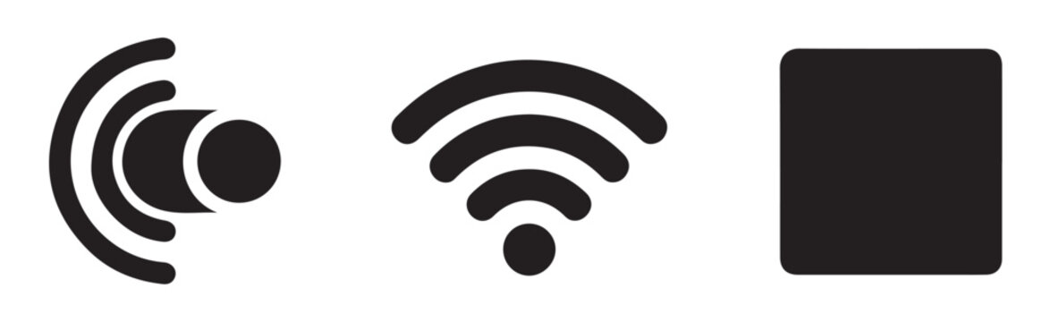 Wireless network communication and media playback control icons set featuring wifi and stop symbol shapes.