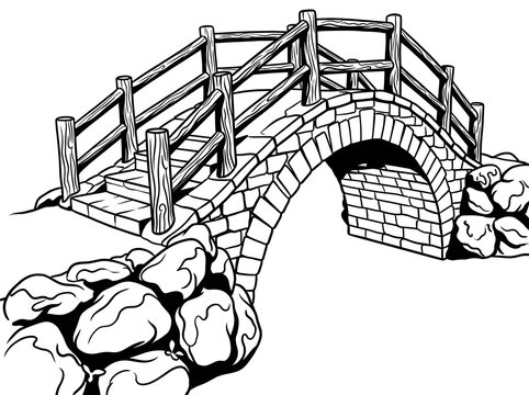 Black and White Line Art of an Old Wooden and Stone Arch Bridge