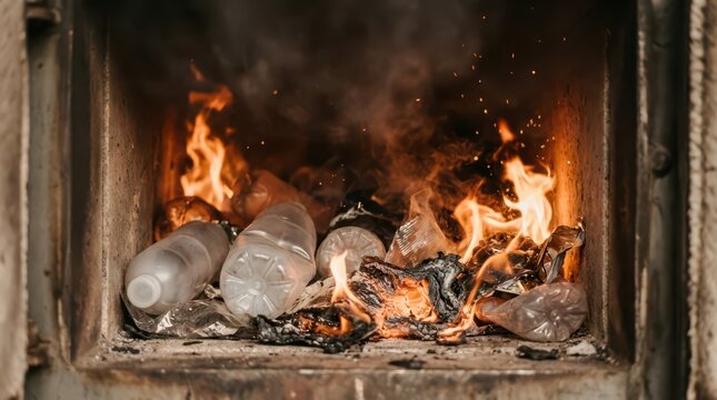 Closeup of plastic bottles burning in an incineration chamber for pollution awareness poster and industrial background