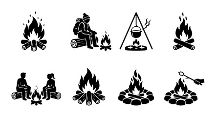 Fototapeta premium Campfire and camping silhouettes set with 8 icons for outdoor leisure and cooking