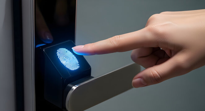 Fingerprint security scanner device unlocking smart door lock with biometric technology.